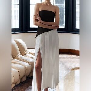 NWT Commense Black/White Pleated Strapless Dress w/slit SZ L Classy Minimalist